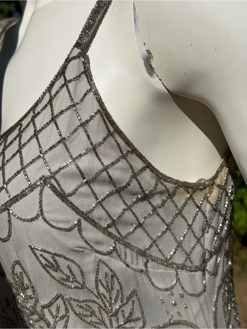 Vintage CACHE BEADED DRESS 100% Silk Gray Metallic Silver Beading Beads LARGE L - Picture 15 of 17